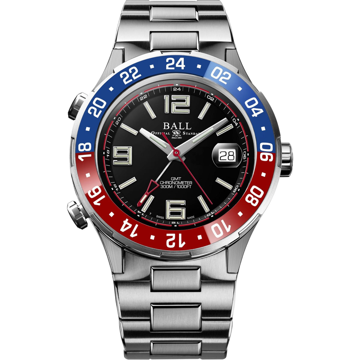 Men's titanium bracelet watch with black dial, red-and-blue GMT bezel, date at 6
