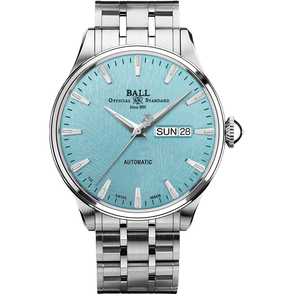 Men's automatic wristwatch front view with ice blue dial, stainless bracelet, date window SUN 28