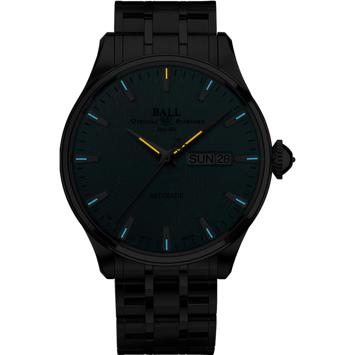 Men's automatic wristwatch with dark dial and black bracelet, showing date window SUN 28