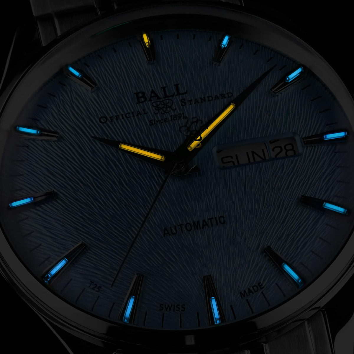 Men's automatic wristwatch with ice-blue dial, blue baton markers, and date window