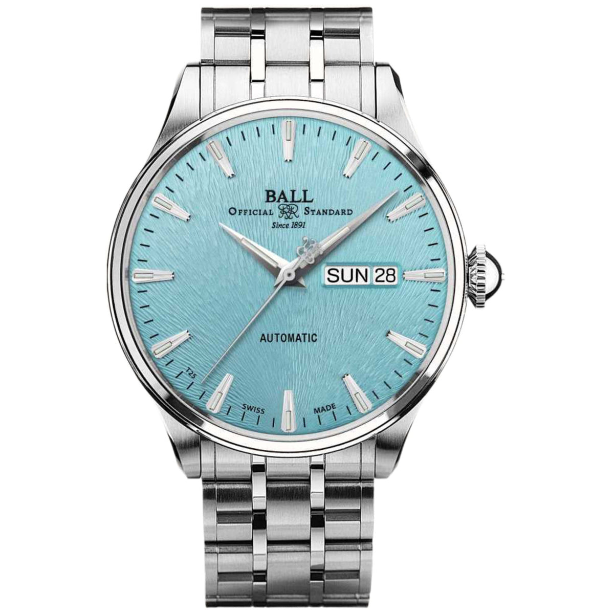 Men's automatic wristwatch with ice blue dial and stainless bracelet, date window SUN 28