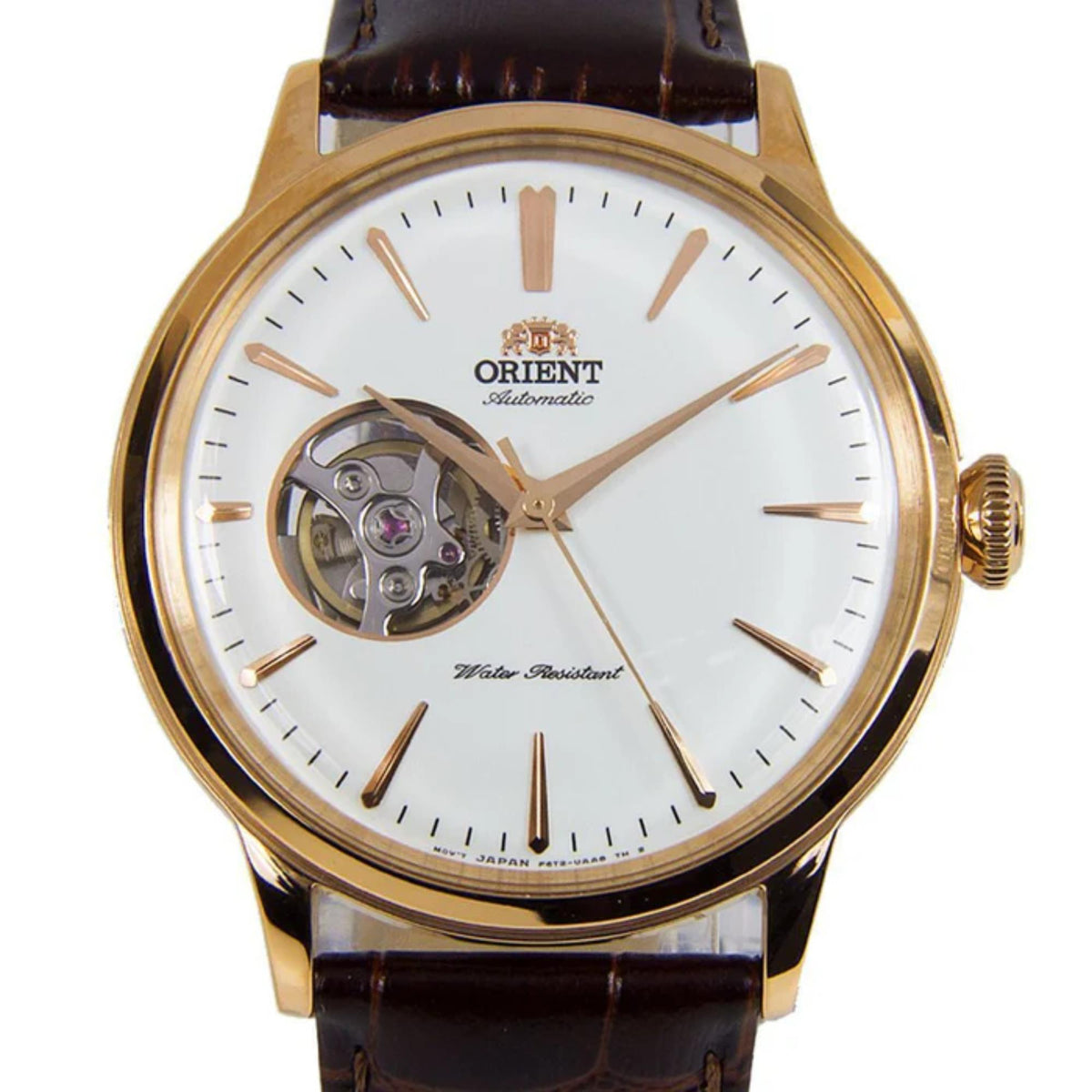 Gold-tone automatic watch with white dial, open-heart movement, and brown leather strap