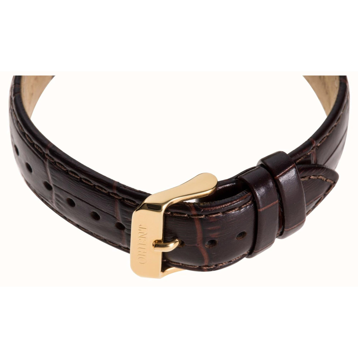 Brown leather watch strap with gold-tone buckle and stitching detail