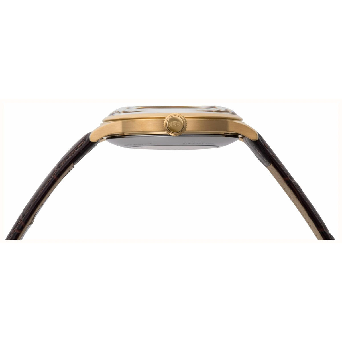 Top view of gold-tone case with crown on brown leather automatic watch