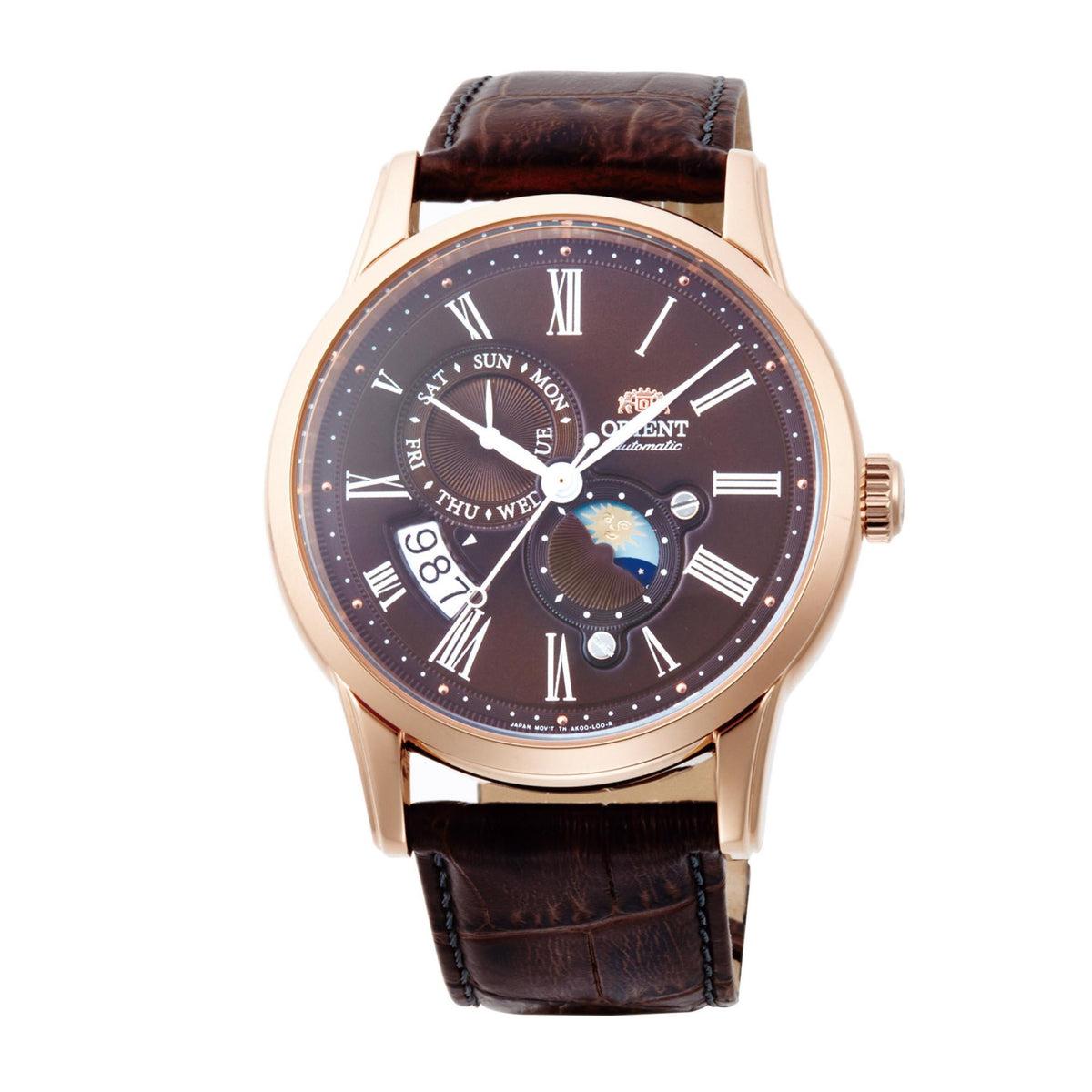 Men's automatic wristwatch with Roman numeral moon-sun dial, rose-gold case, brown leather strap