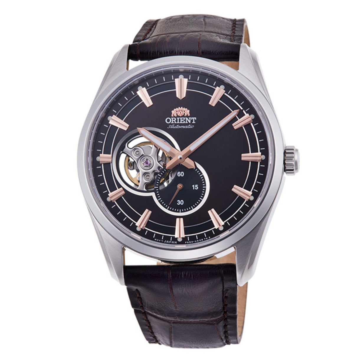 Men's automatic semi-skeleton watch, black dial with rose-gold accents and leather strap