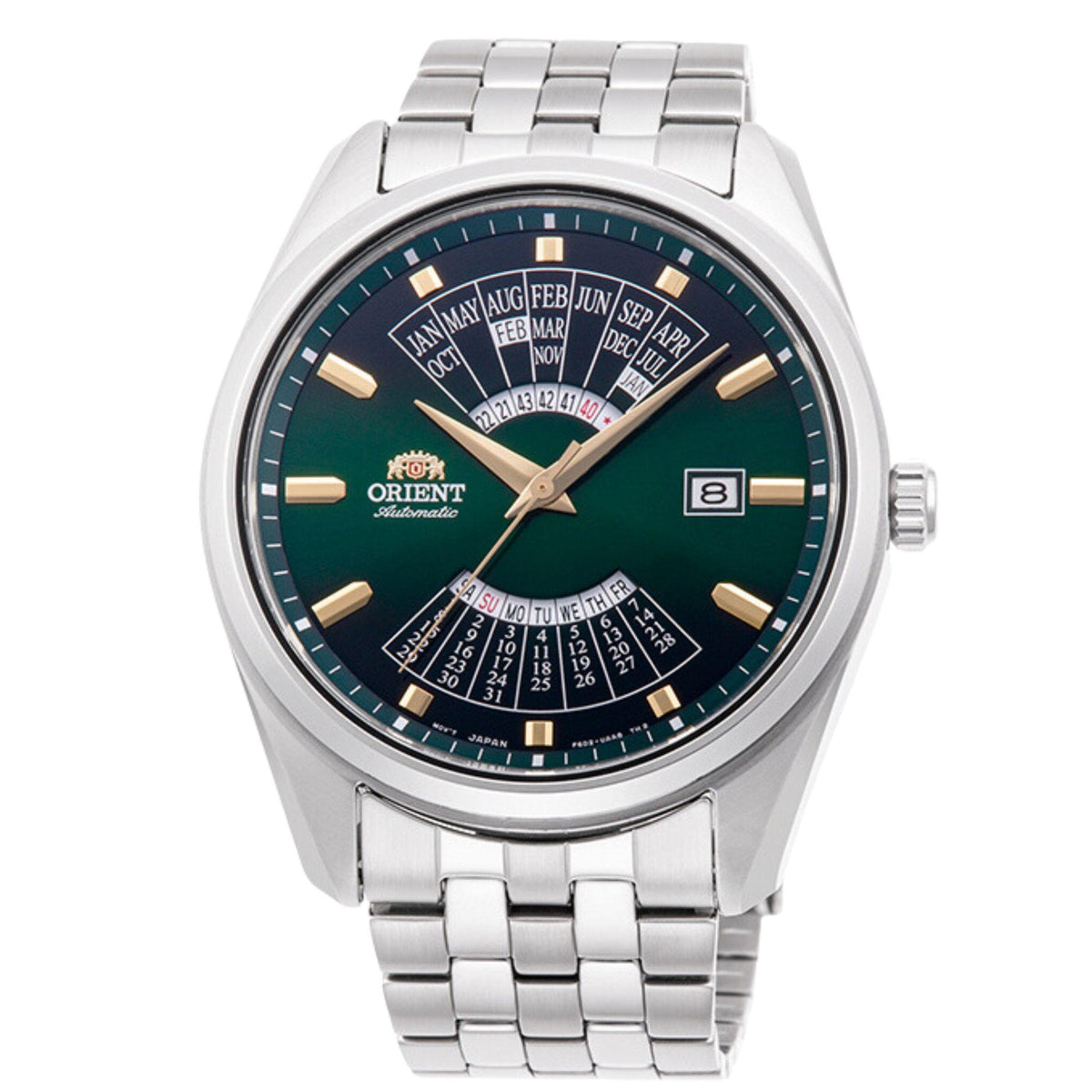 Men's automatic watch with dark green dial and date window, gold hands, steel bracelet