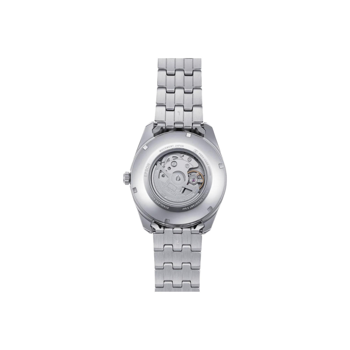 Men's automatic watch angled view, silver dial and case, steel bracelet links