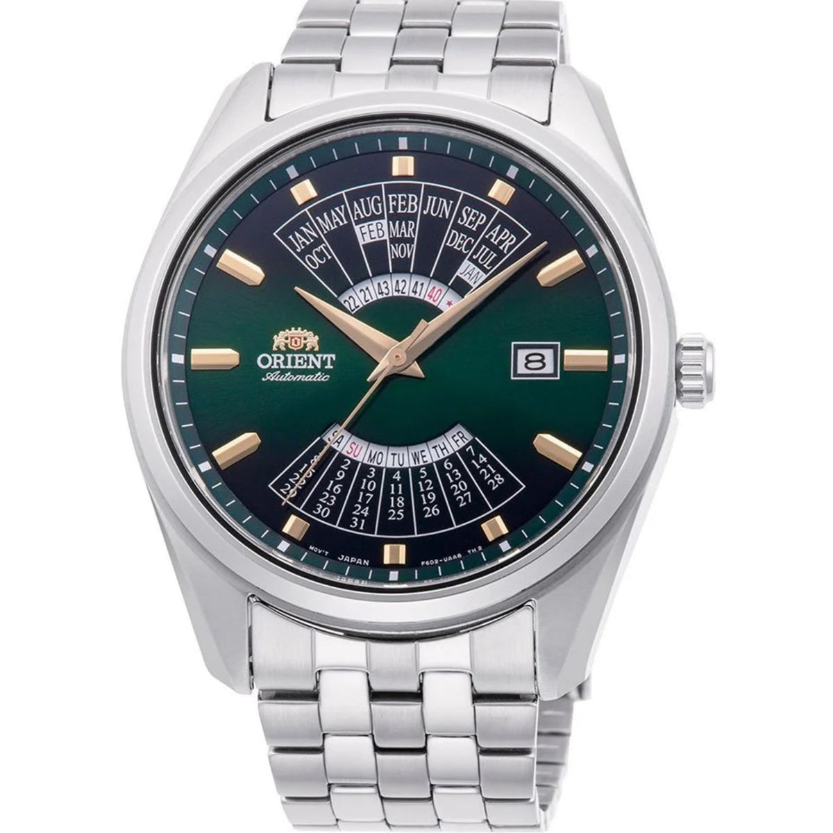 Men's automatic watch face with green dial, gold hour markers, multi-year calendar display