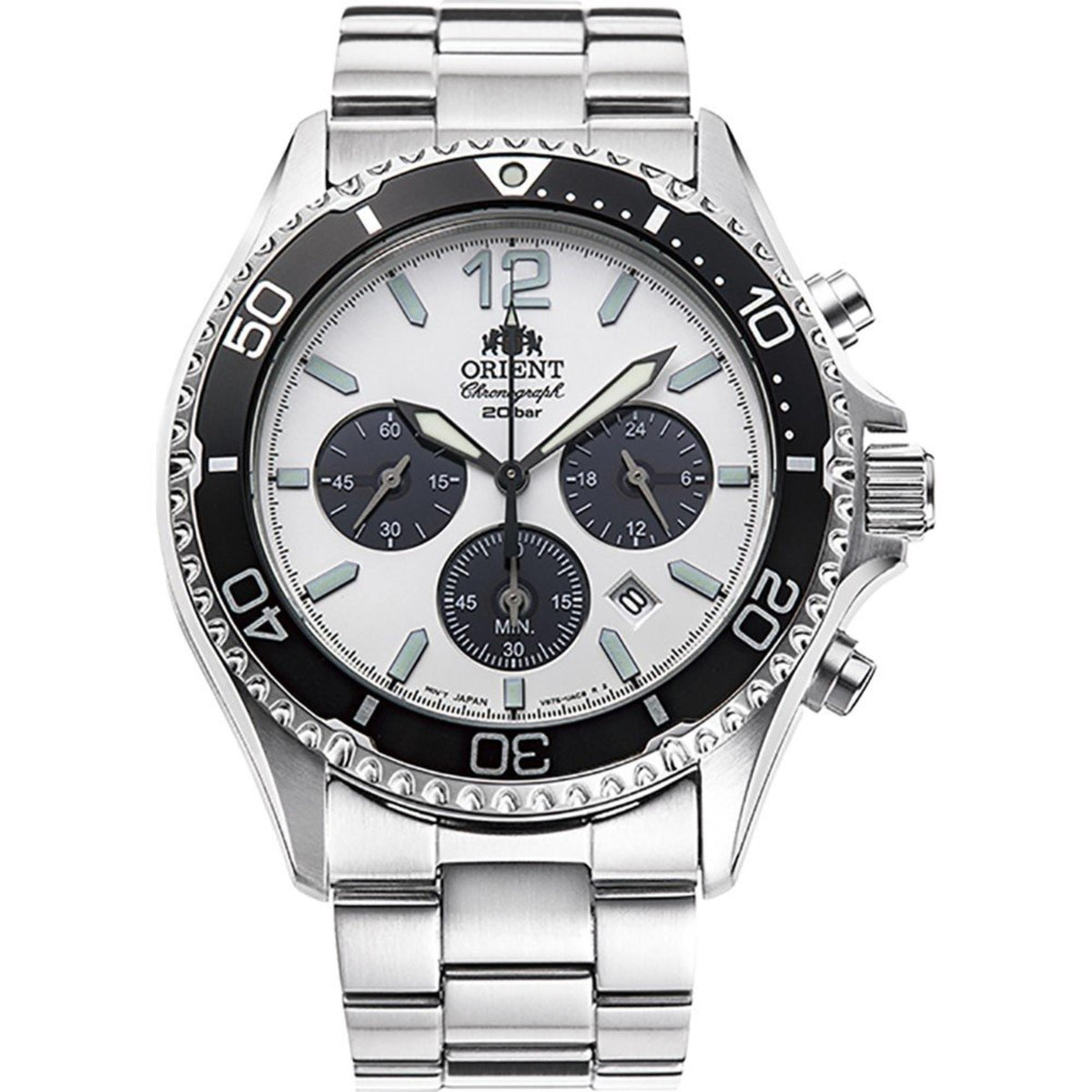 Men's Orient solar chronograph watch with white dial and three chronograph subdials