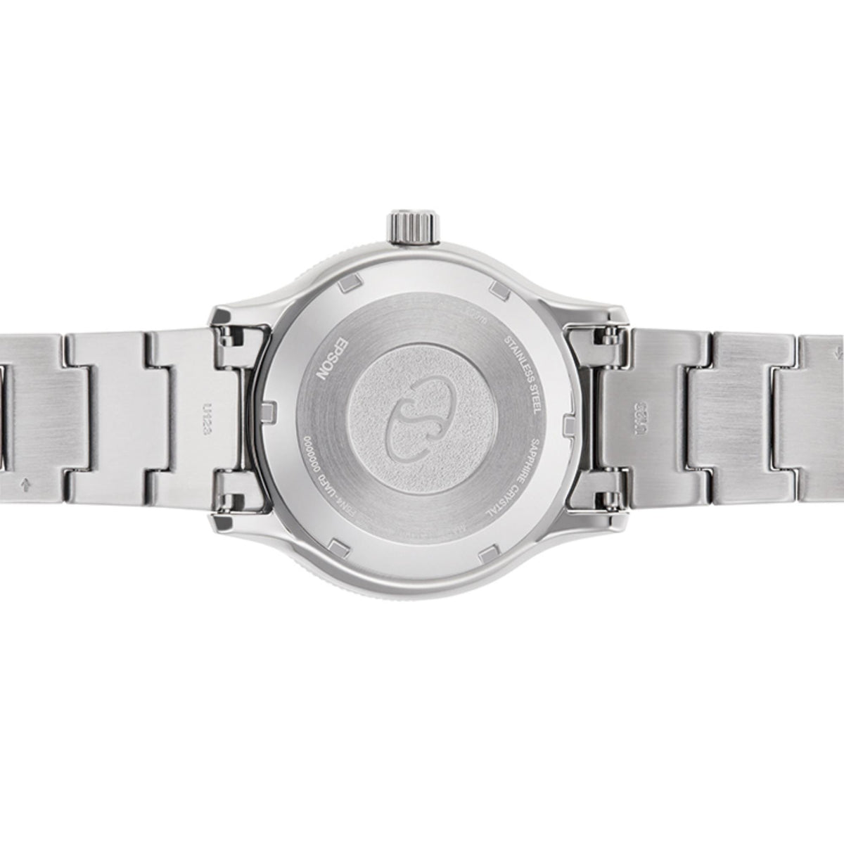 Stainless steel case back close-up on metal bracelet with central engraved logo