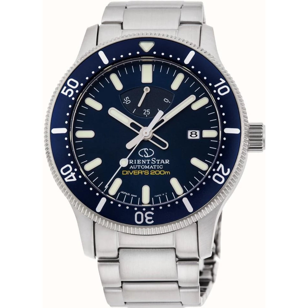 Men's automatic wristwatch with blue dial, steel bezel markers, and metal bracelet