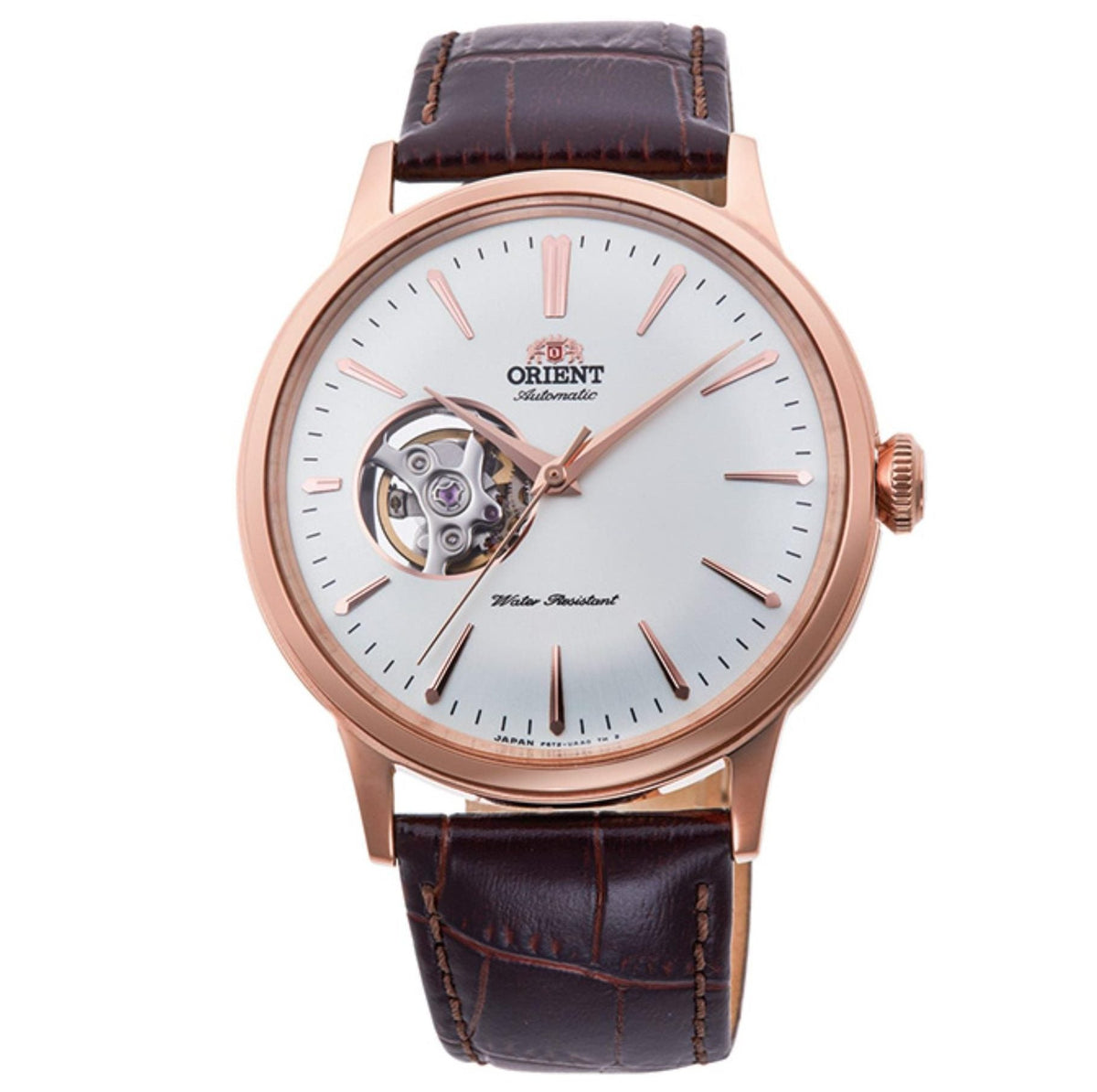 Rose gold open-heart automatic watch with white dial and dark-brown leather strap