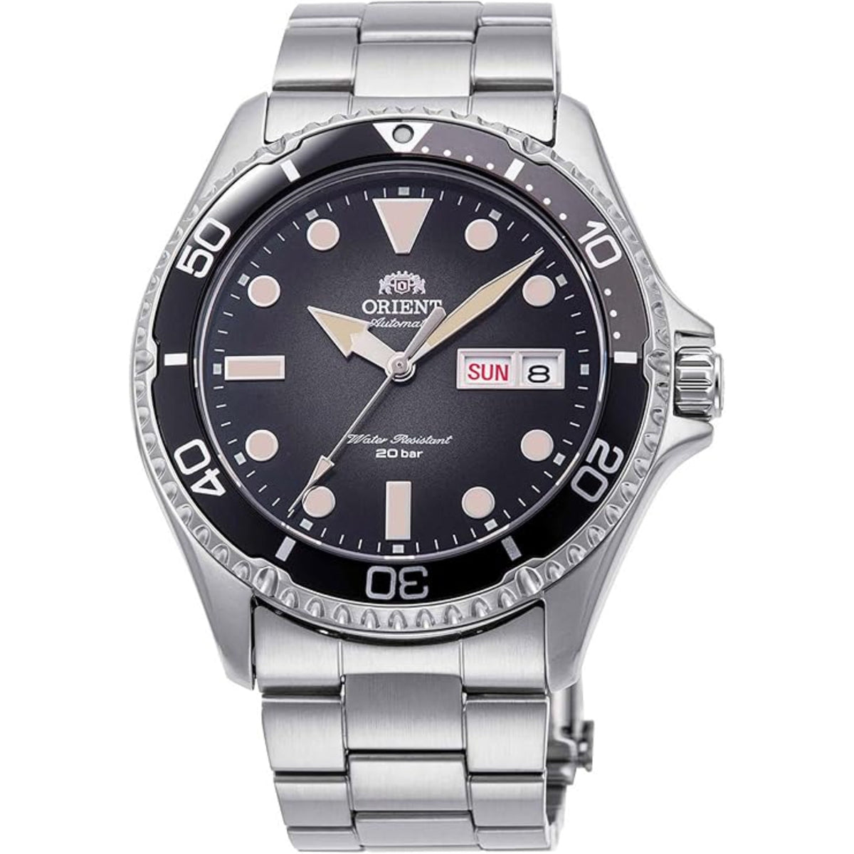 Men's steel automatic watch with dark dial, large indices, and day-date window.