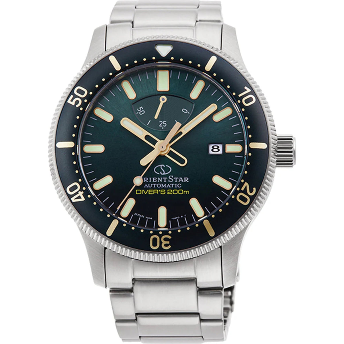 Steel automatic diver watch with dark green dial, gold markers, black bezel, metal bracelet