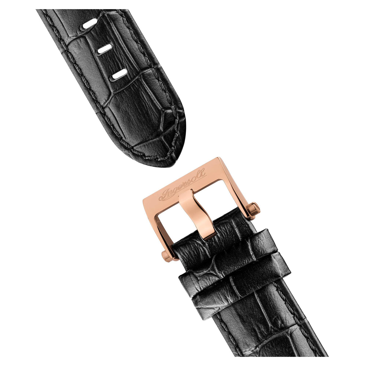 Black leather strap close-up with rose-gold tone buckle and strap keeper detail