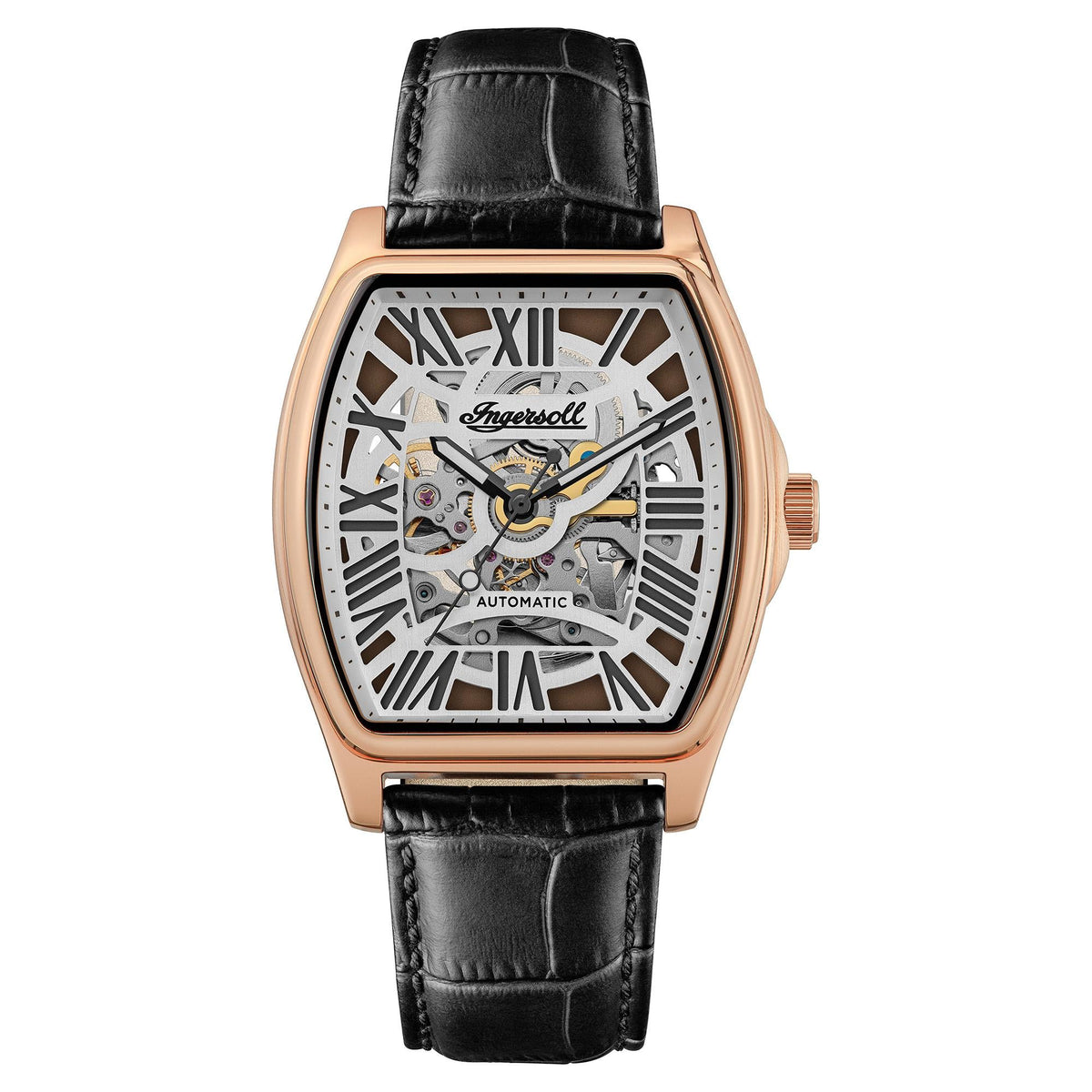 Automatic skeleton watch for men on black leather strap, rose-gold tone case, Roman numerals
