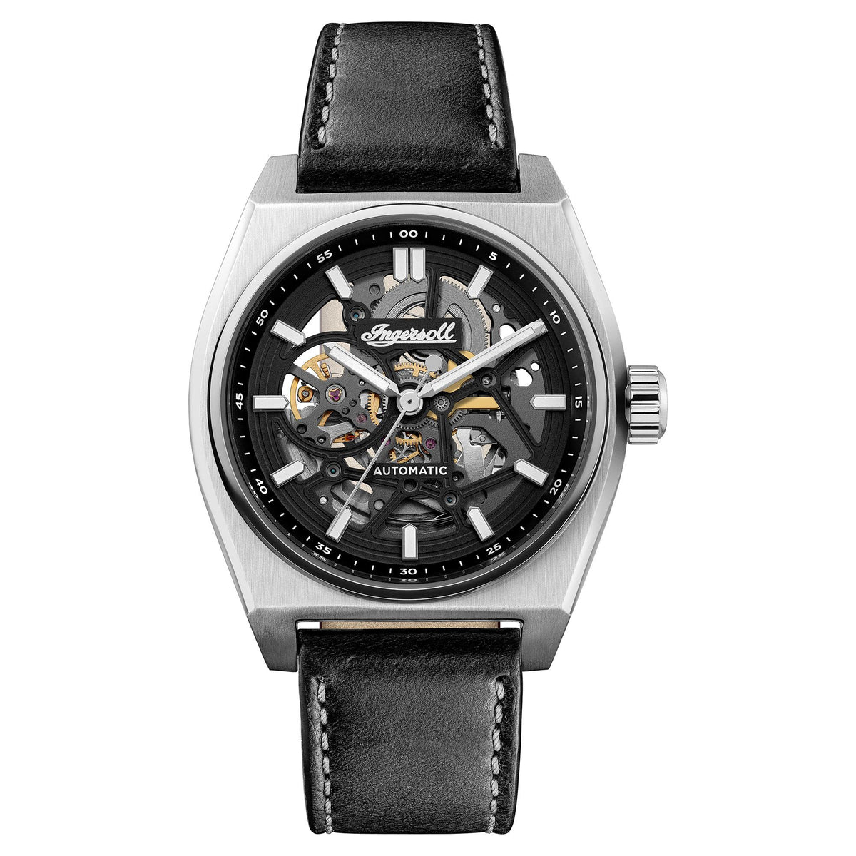 Round silver-cased men's skeleton watch with black dial and black leather strap
