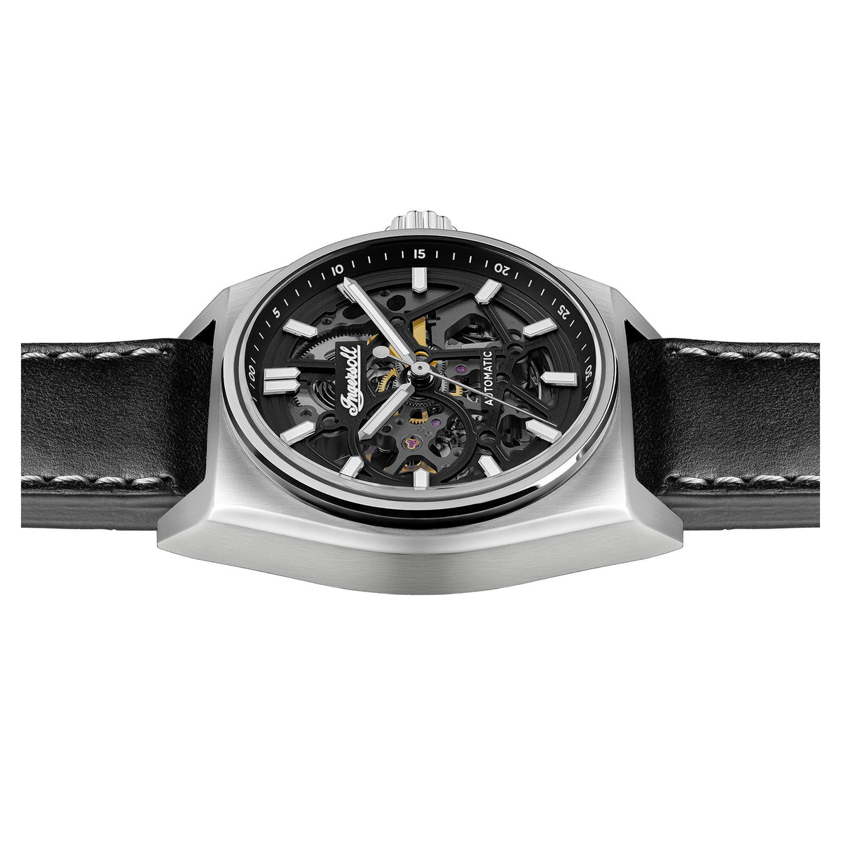 Black skeleton automatic men's watch with stainless case and black leather strap