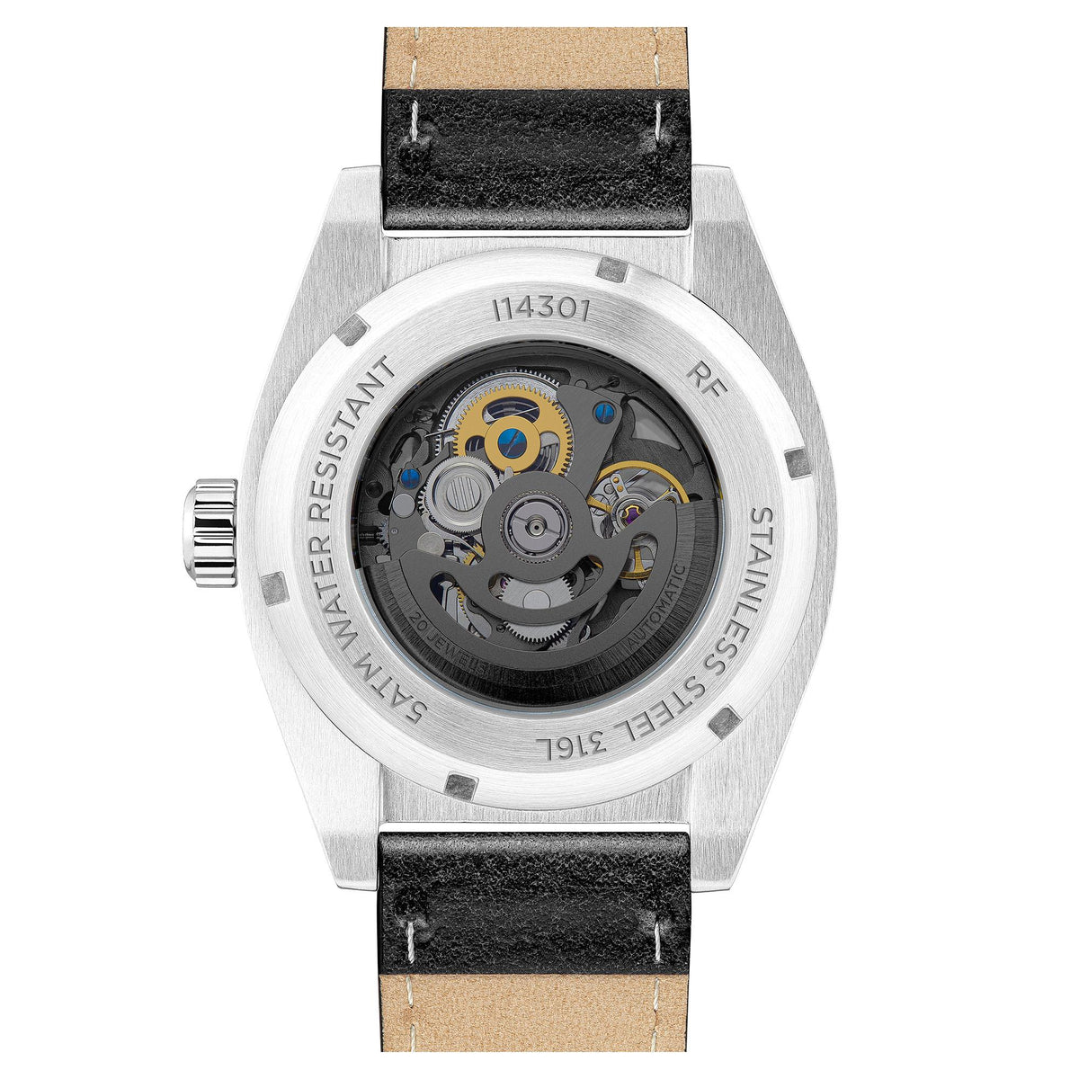 Round stainless skeleton watch with visible movement, black leather strap, crown detail