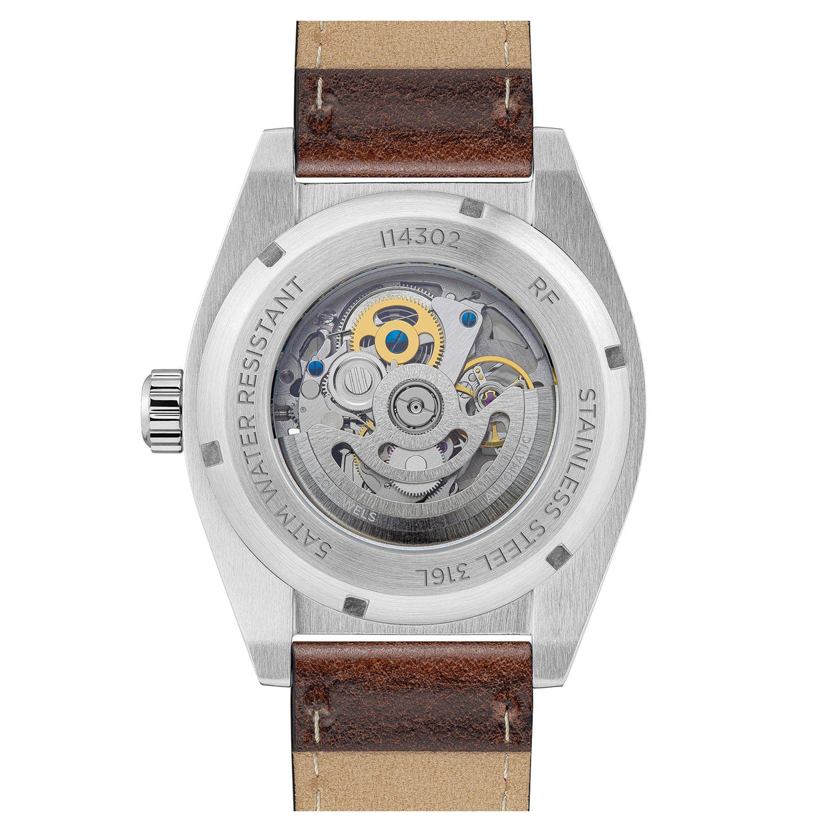 Close-up of watch case back showing movement and '114302', brown leather strap