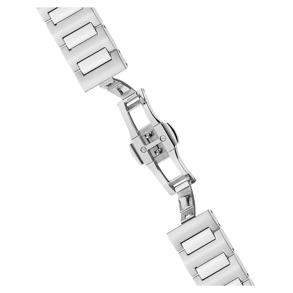 Stainless steel watch bracelet links shown at an angle with clasp and ends