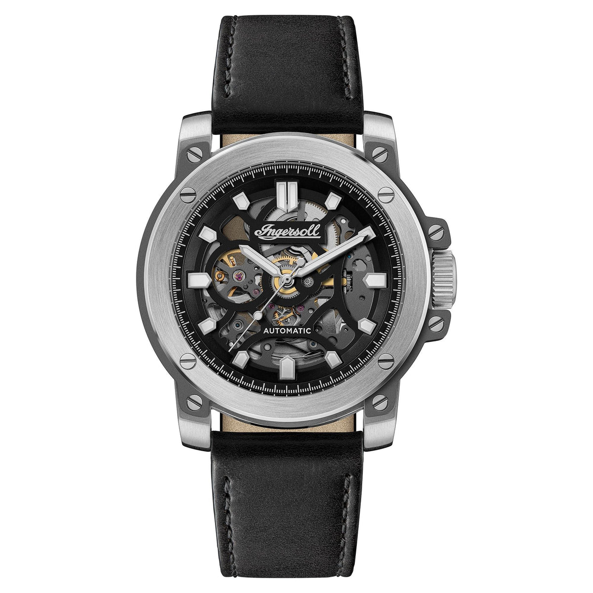 Men's skeleton automatic watch with black dial, silver case, and black leather strap