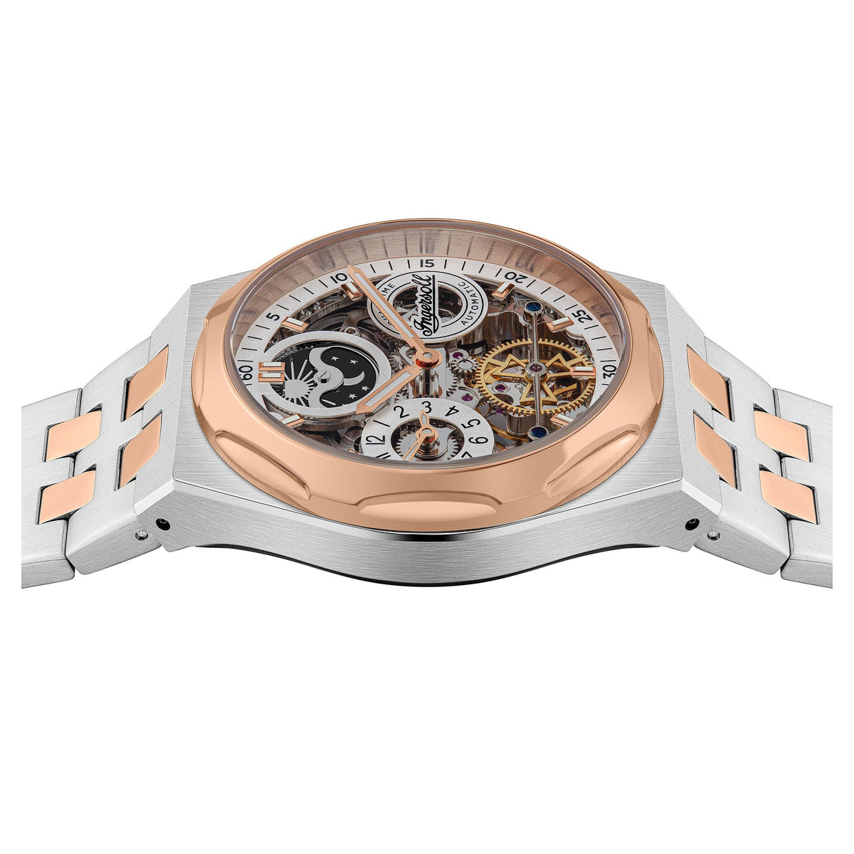 Two-tone stainless steel automatic men's watch with grey dial and rose-gold bezel