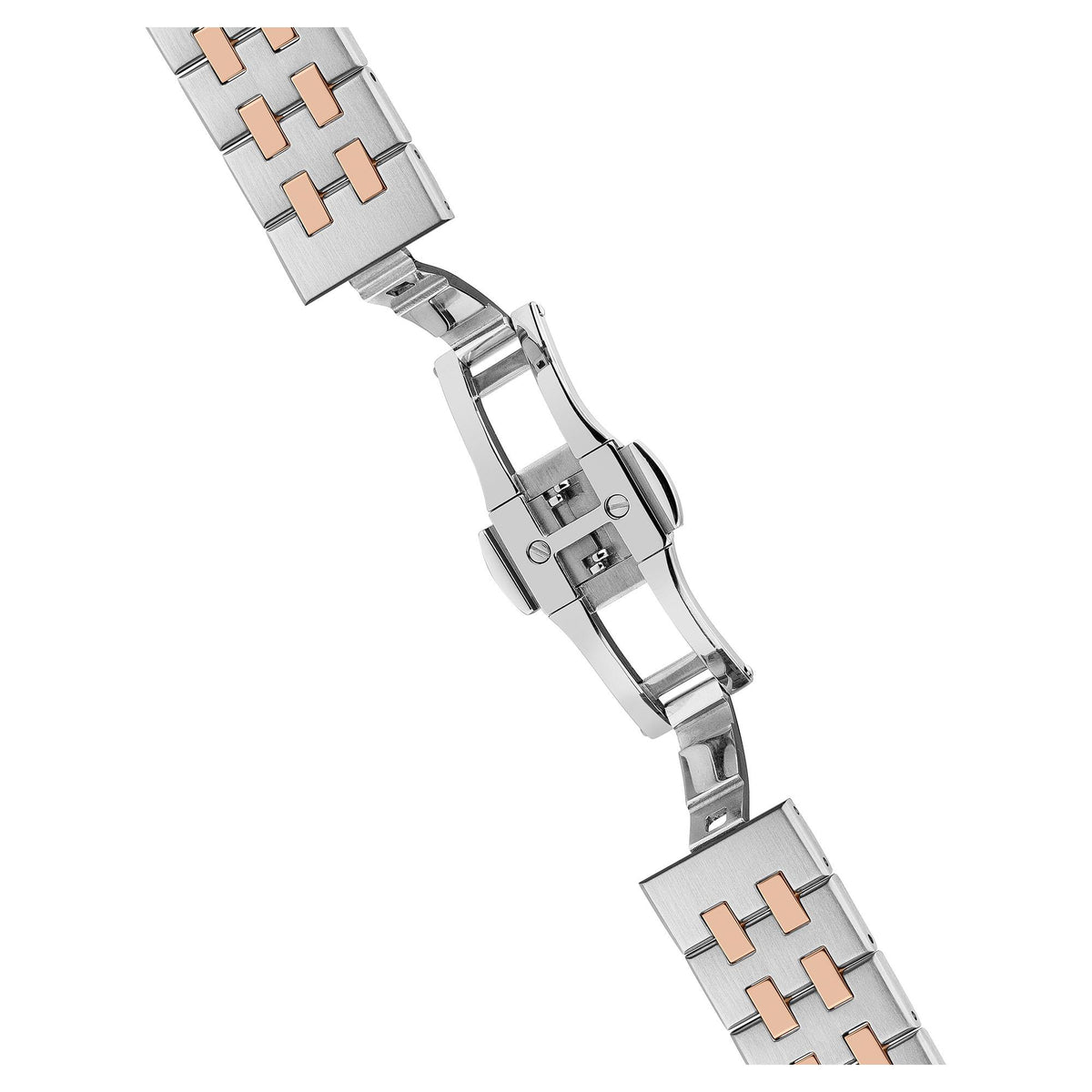 Two-tone stainless steel bracelet with rose-gold H-style links and folding clasp