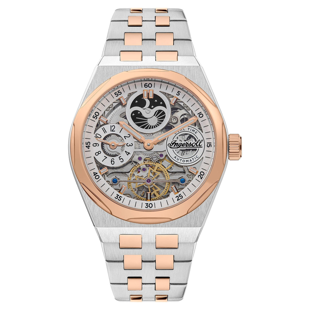 Two-tone stainless steel men's automatic watch grey openwork dial with rose-gold bezel