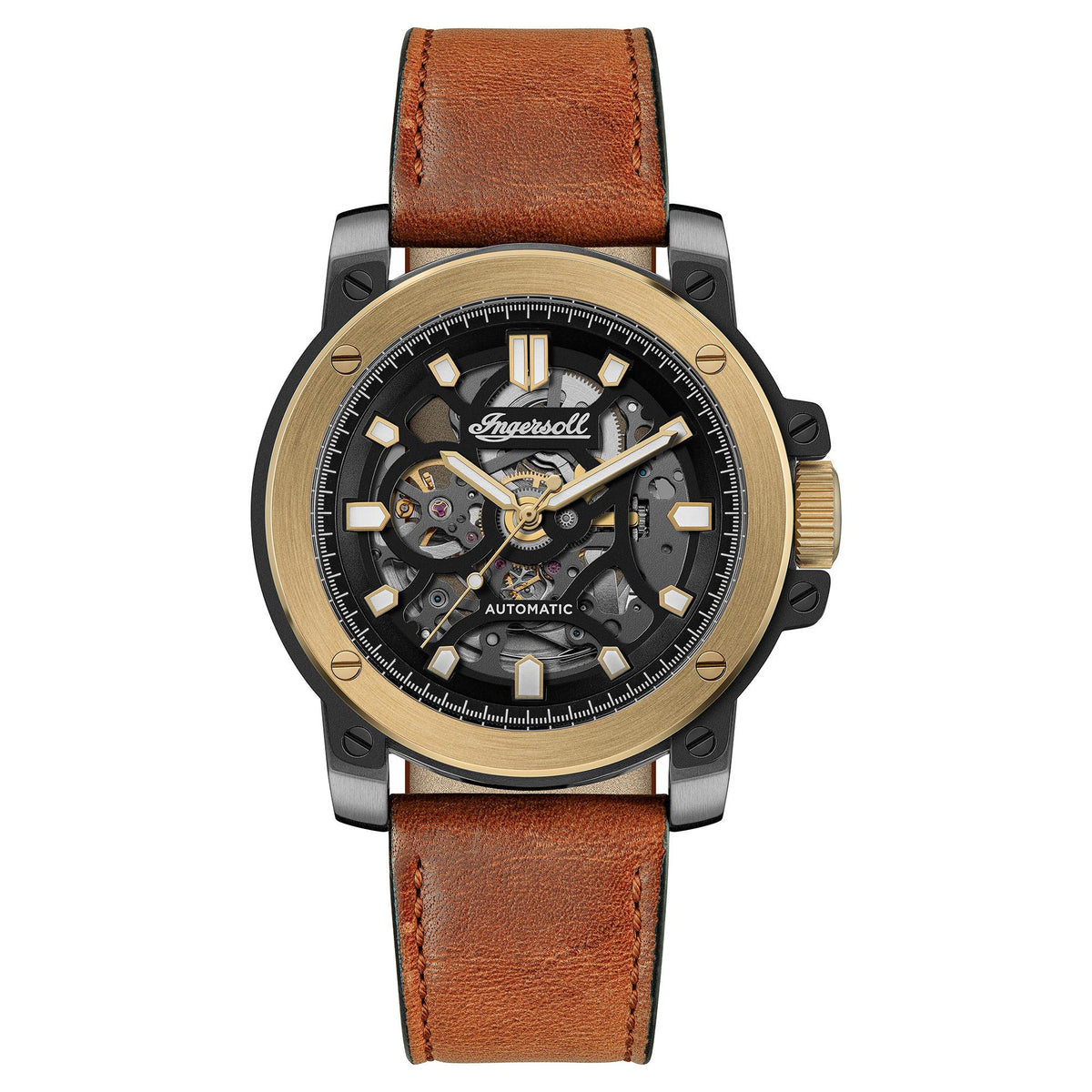 Men's skeleton automatic watch with black dial and brown leather strap, gold-tone bezel
