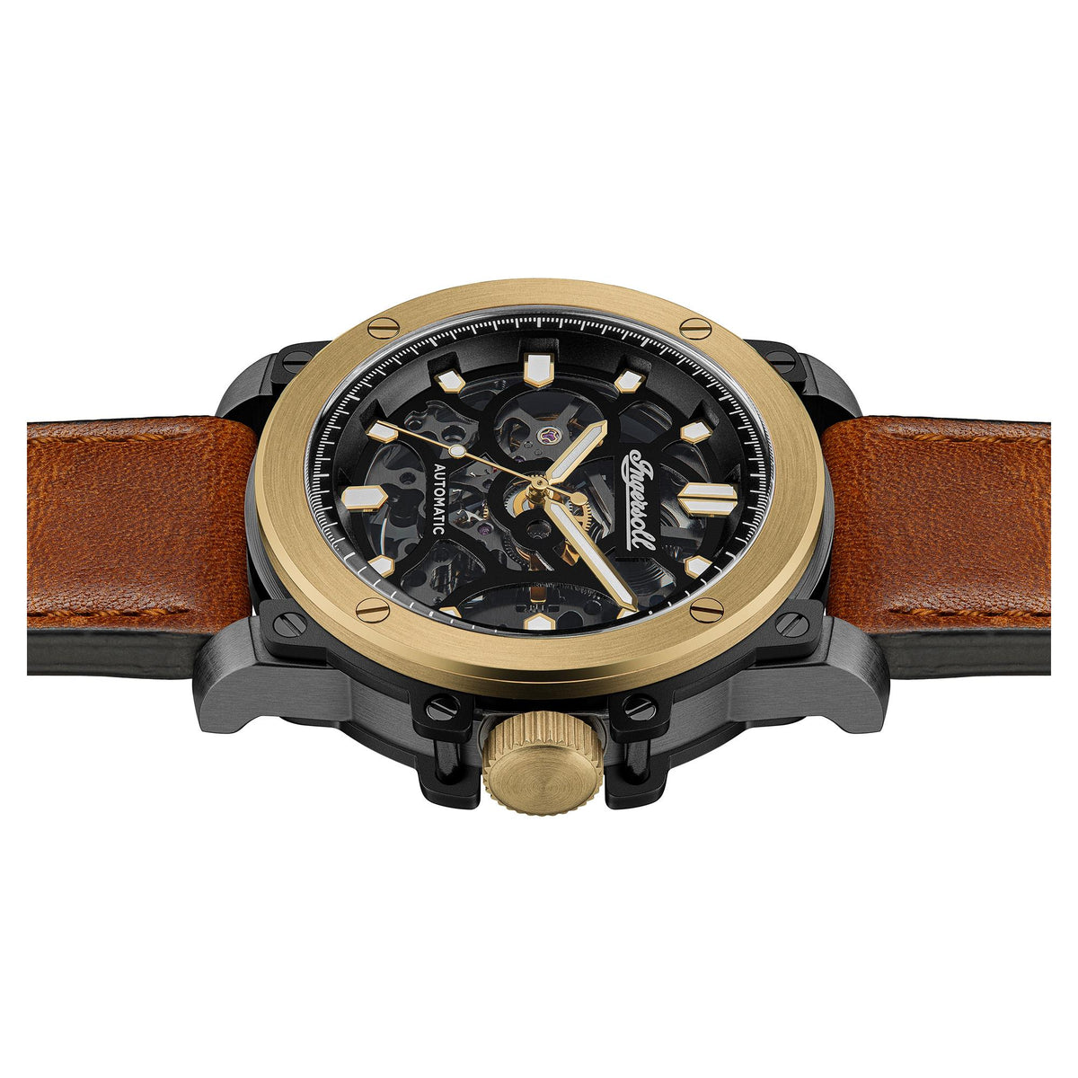 Men's skeleton dial automatic watch with black case, gold-tone bezel, brown leather strap