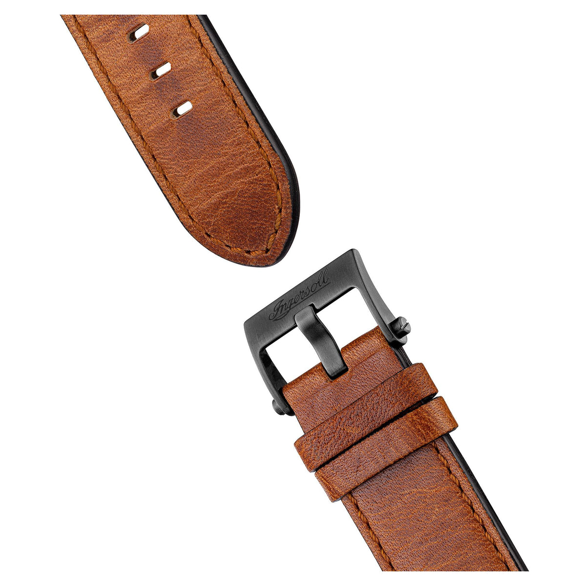 Brown leather watch strap with metal buckle and keeper, black underside case visible