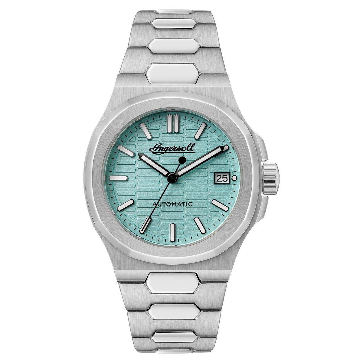 Men's stainless steel automatic watch, turquoise blue dial and metal bracelet