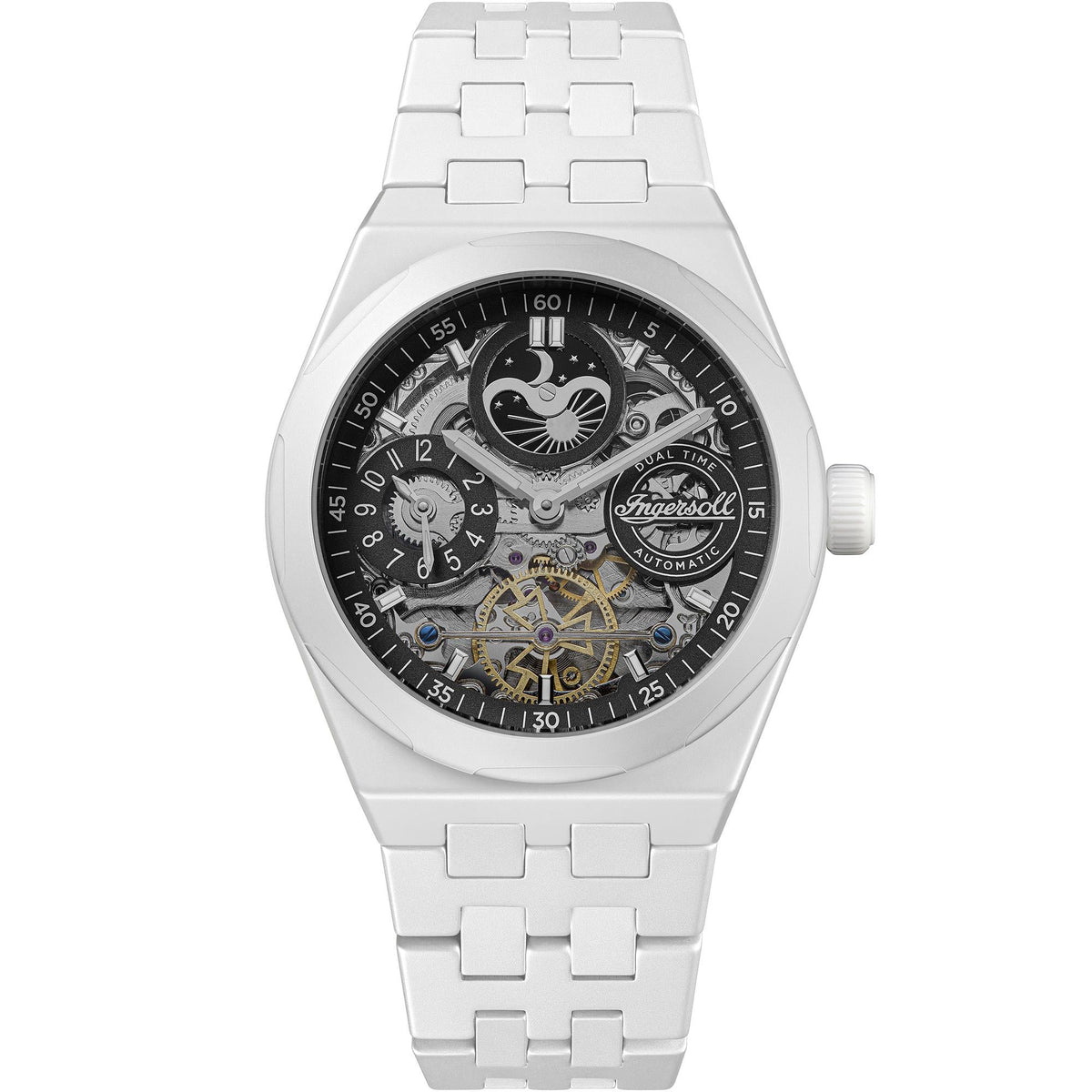 Men's automatic wristwatch, black dial with skeleton hands, silver link ceramic bracelet