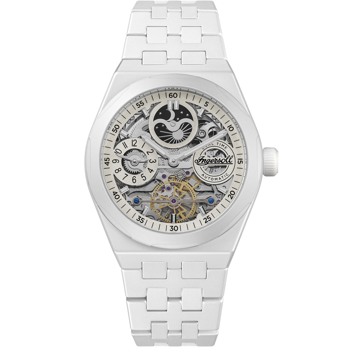 Men's automatic round watch with white skeleton dial and silver metal band