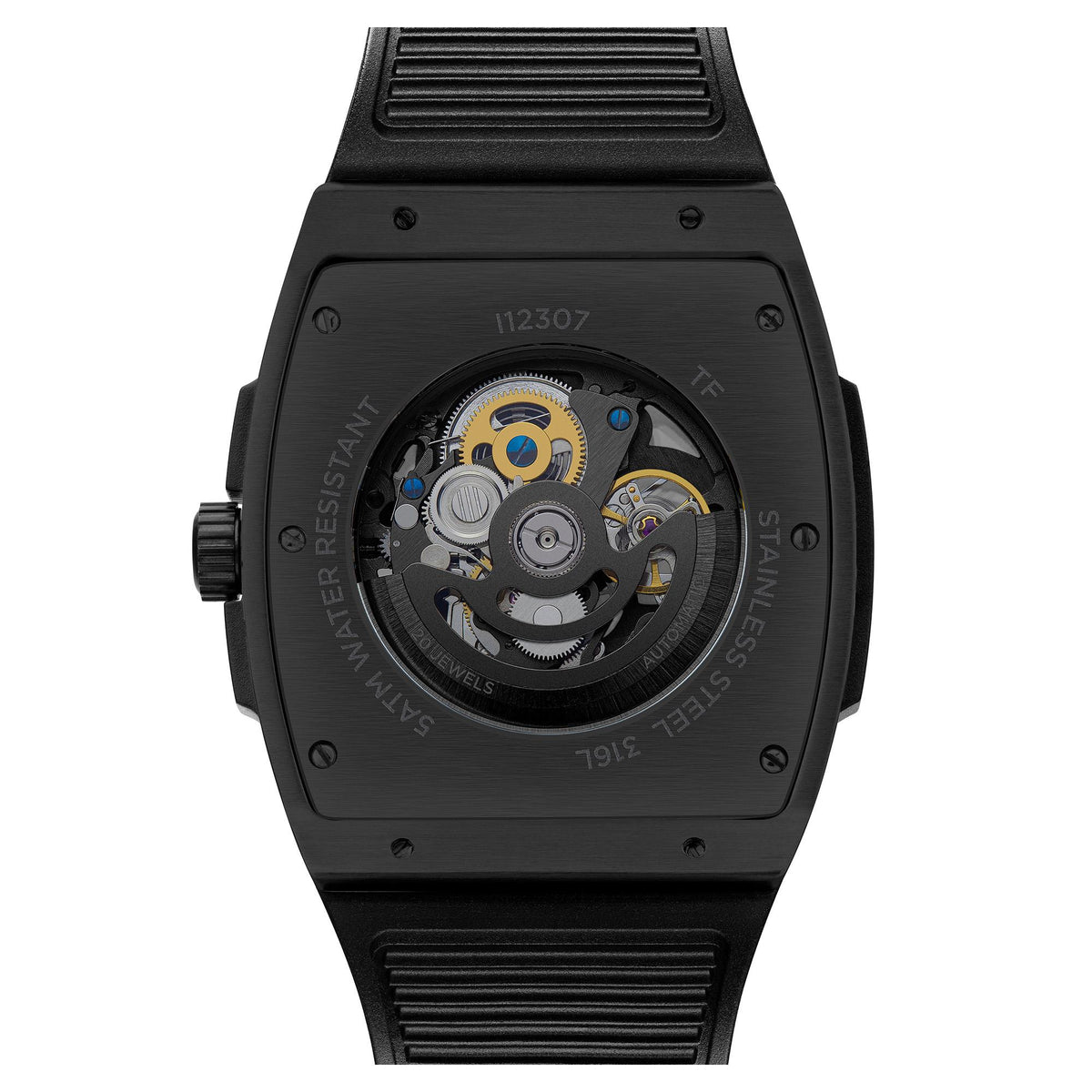 Black automatic watch with visible skeleton movement on dark dial and ribbed black strap