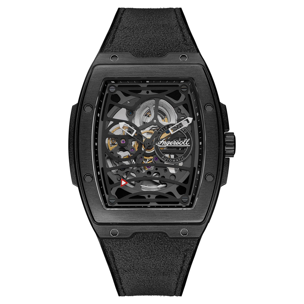 Black skeleton automatic men's watch with transparent dial and rubber-like strap