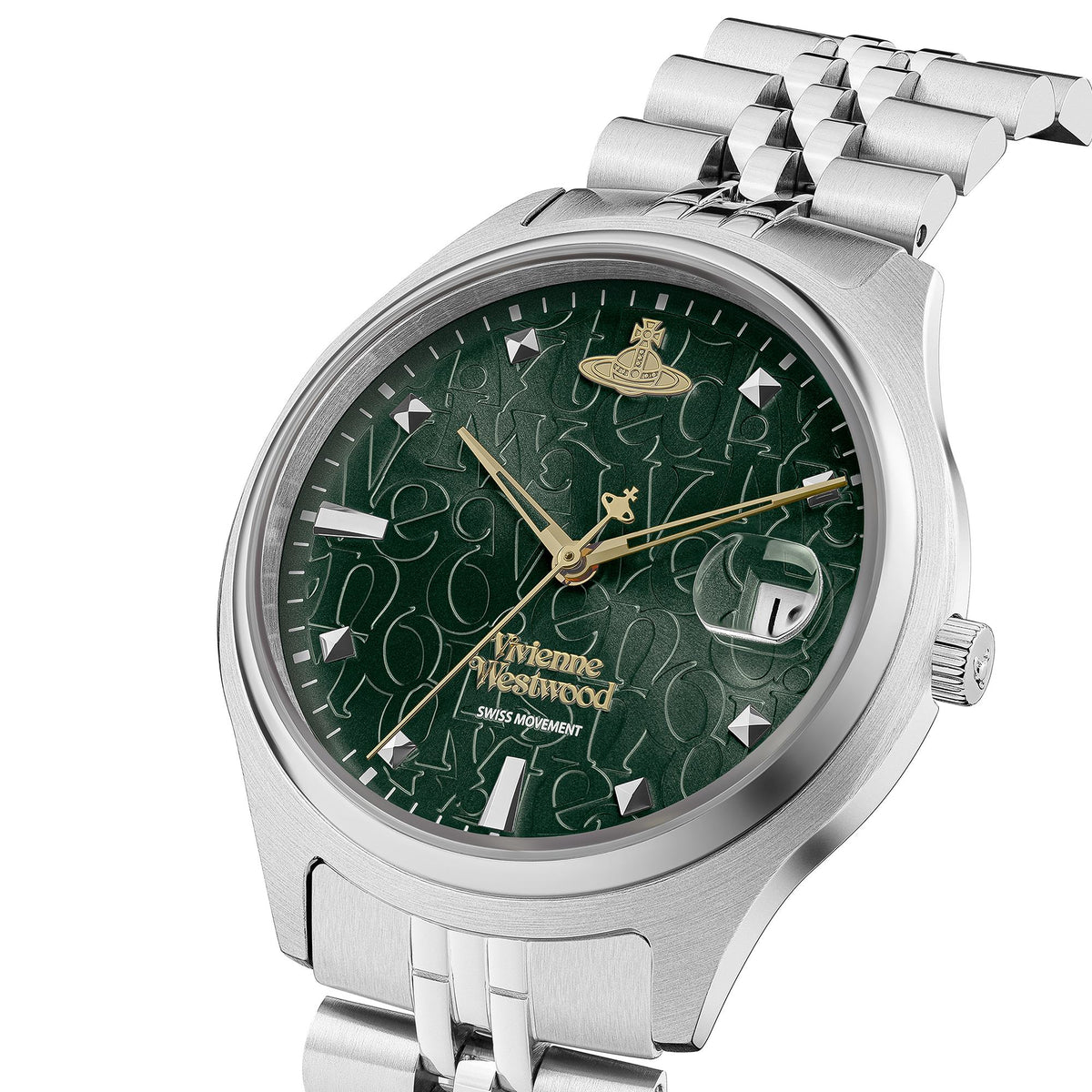 Stainless steel ladies wristwatch with green dial and link bracelet, crown on the right