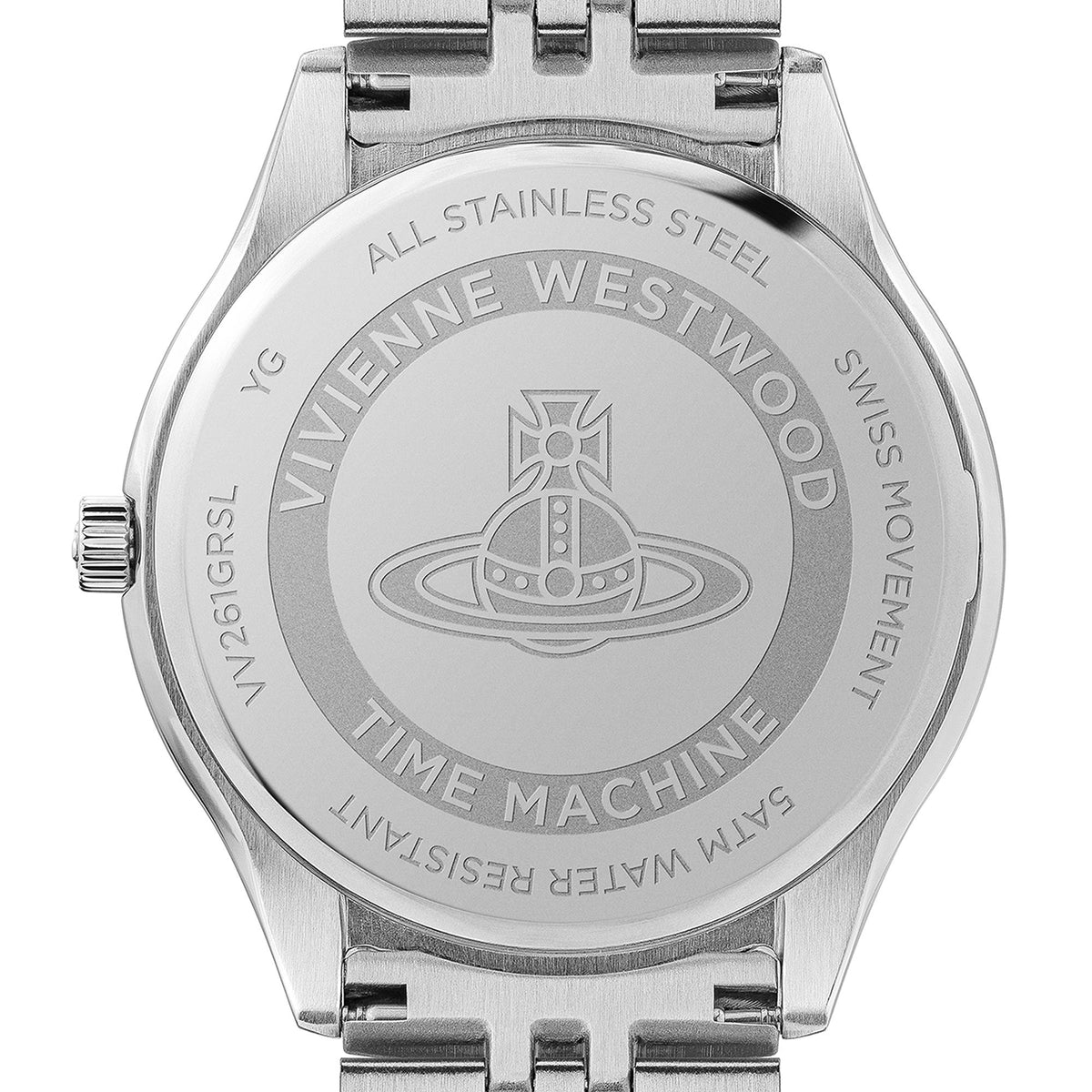 Stainless steel ladies watch caseback with engraved logo and “ALL STAINLESS STEEL” text