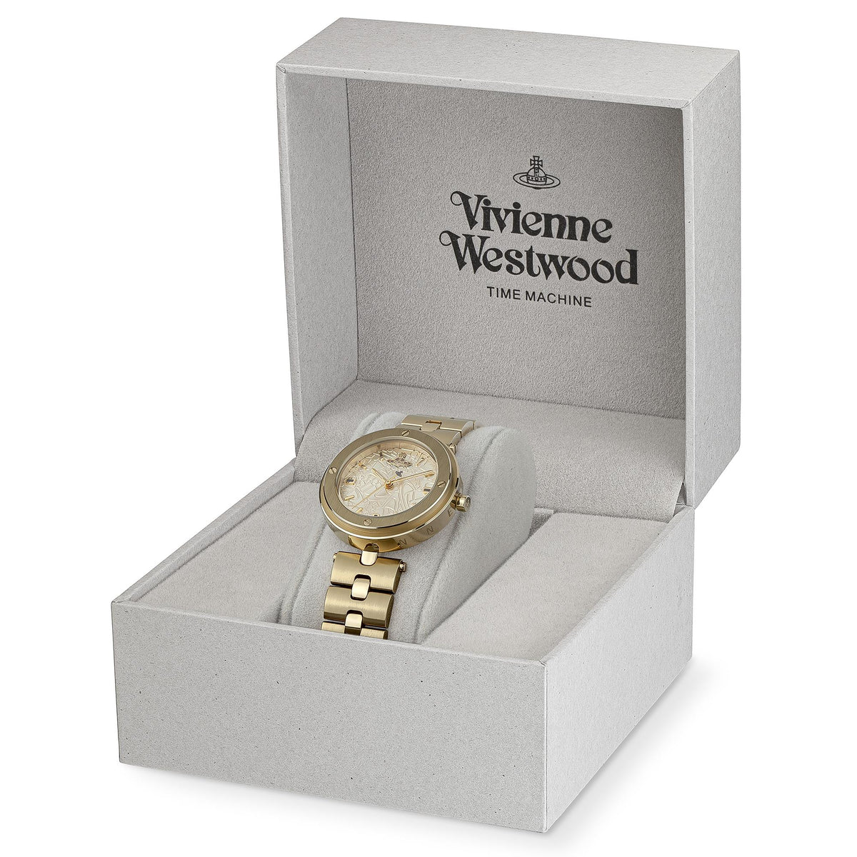 Gold ladies quartz watch displayed in gray branded gift box with cushioned tray