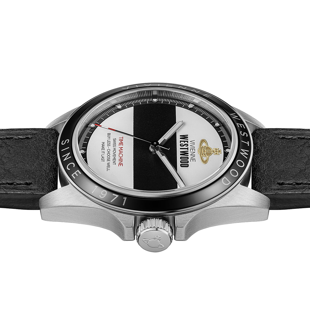 Men's watch side profile with black leather strap and two-tone dial, stainless steel case