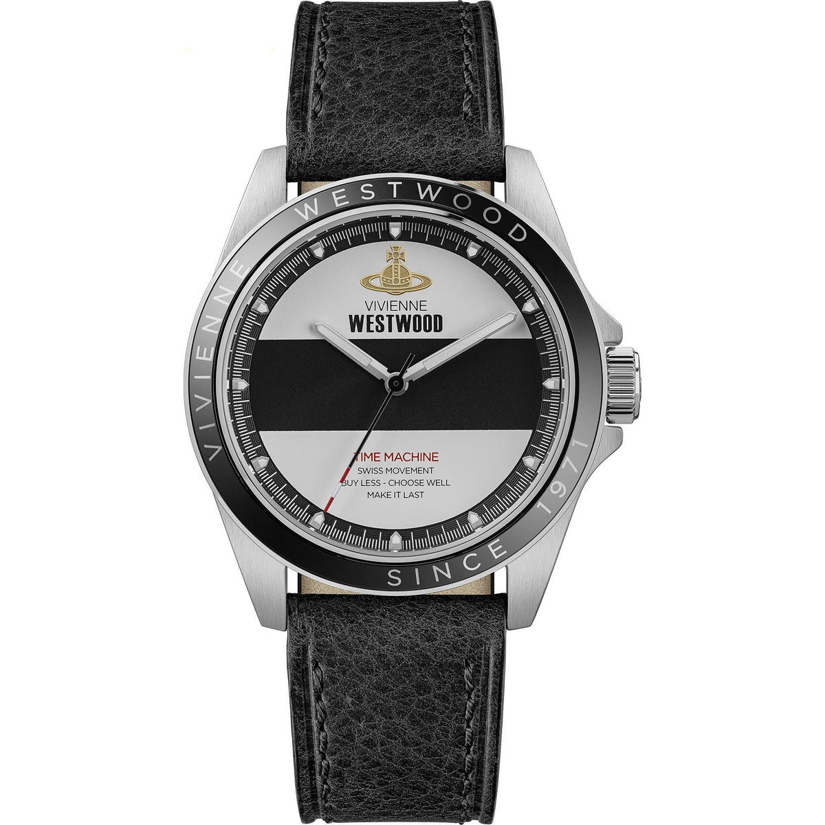 Men's black leather strap watch with stainless steel case and striped two-tone dial