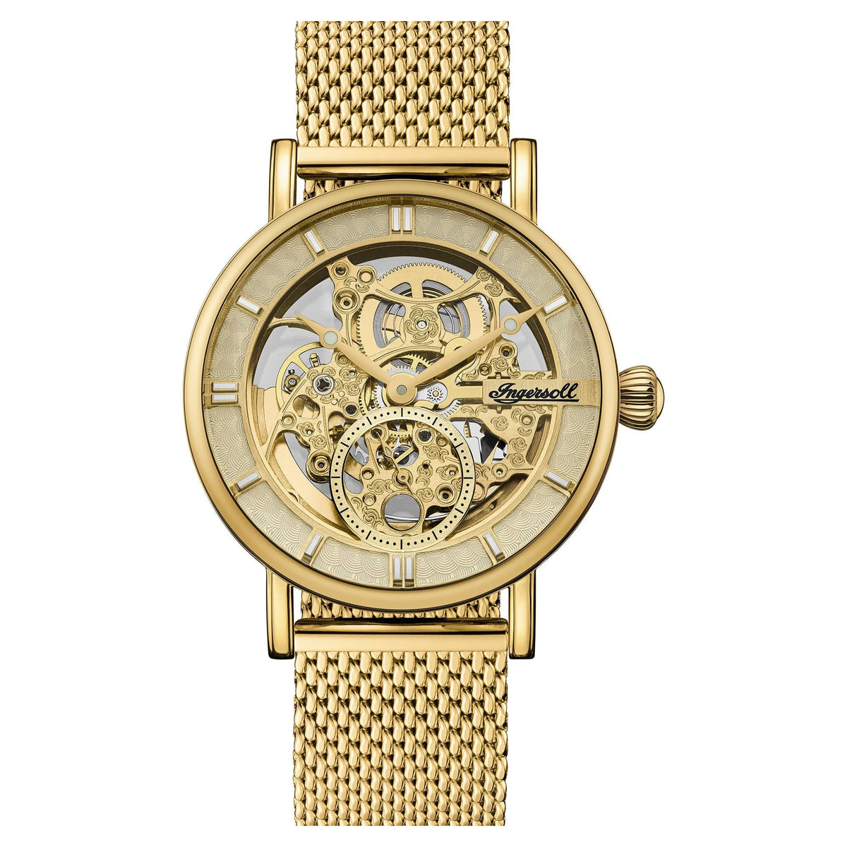 Gold automatic skeleton watch front view with milanese mesh bracelet and gears