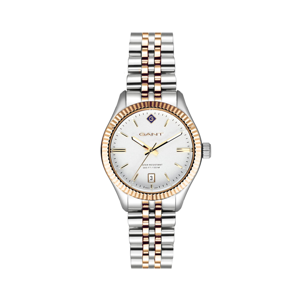 Two-tone steel ladies quartz watch with link bracelet, white dial, gold bezel, date at 3.