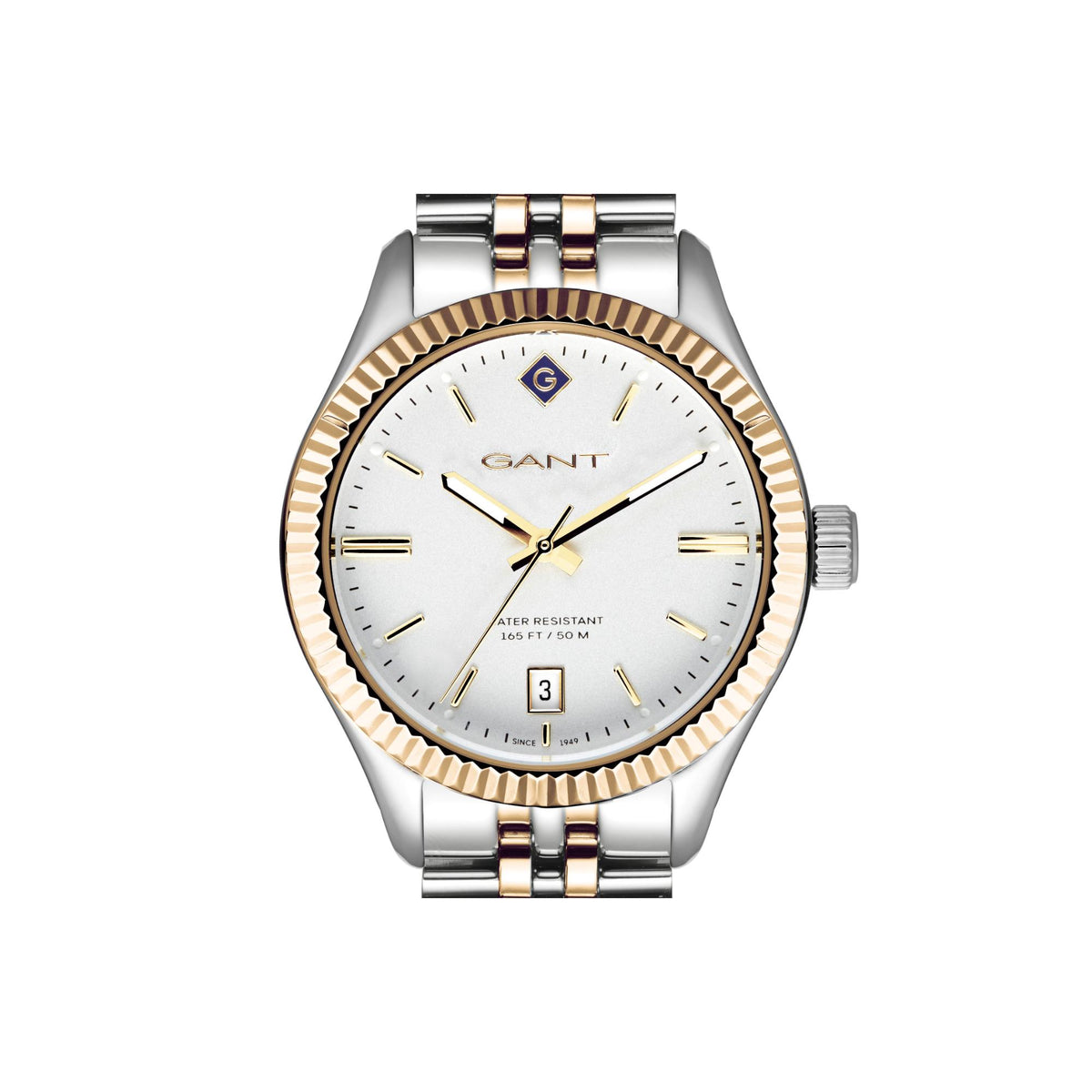Two-tone steel ladies quartz watch with white dial, gold-tone bezel, three hands and date at 3.