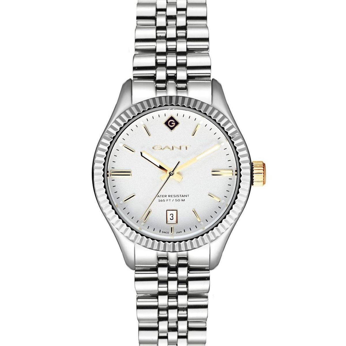 Ladies stainless steel quartz watch with silver bracelet, white dial, and gold second hand detail