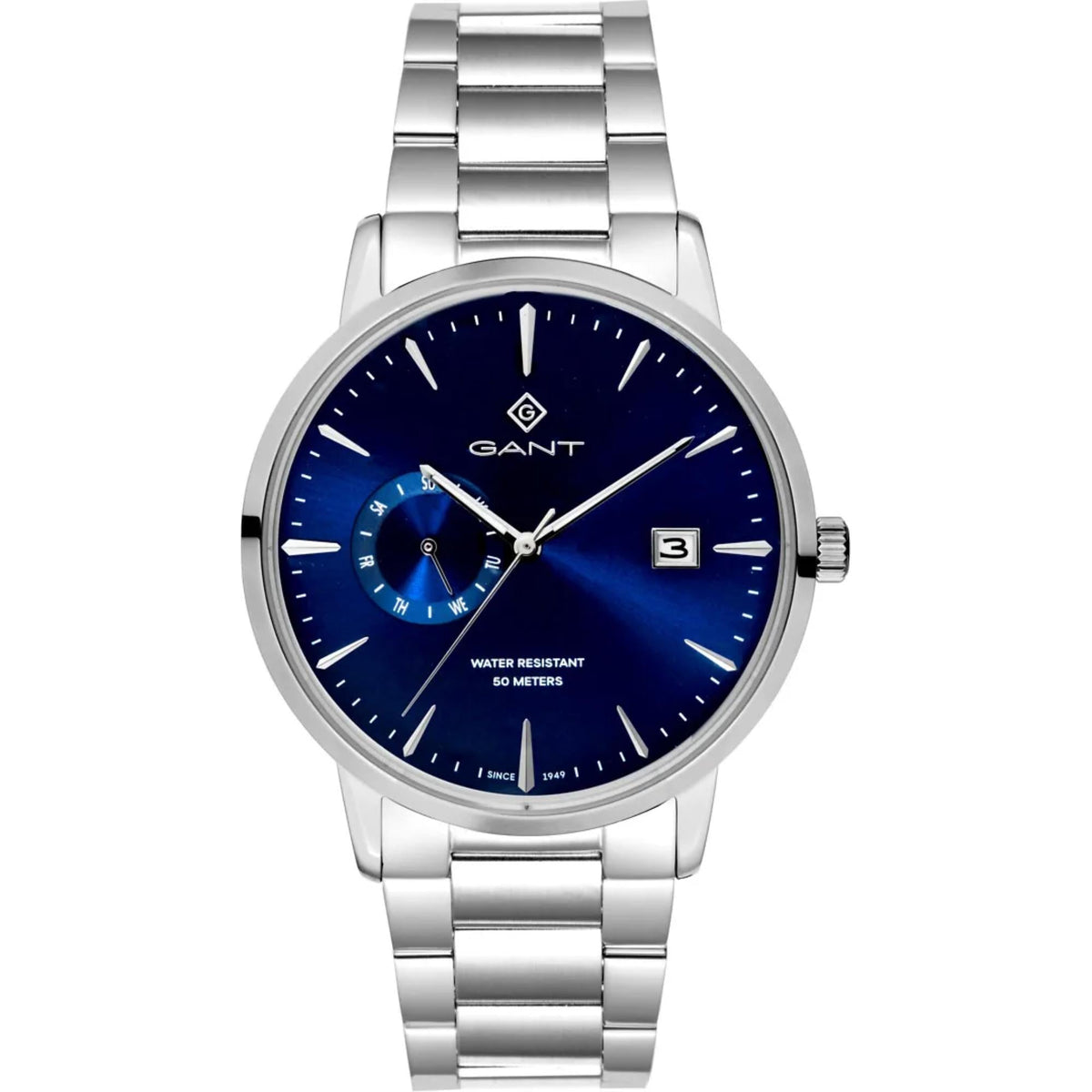 Men's stainless steel quartz watch with blue dial, analog hands, and date window
