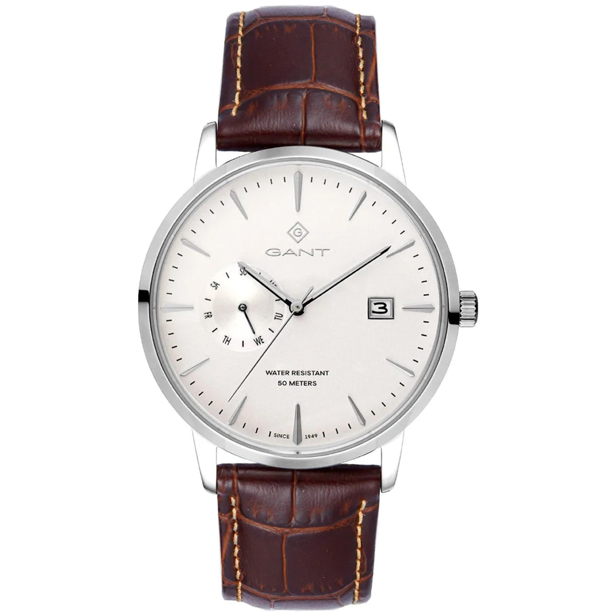 Men's round quartz watch with white dial, textured brown leather strap, silver case, date at 3