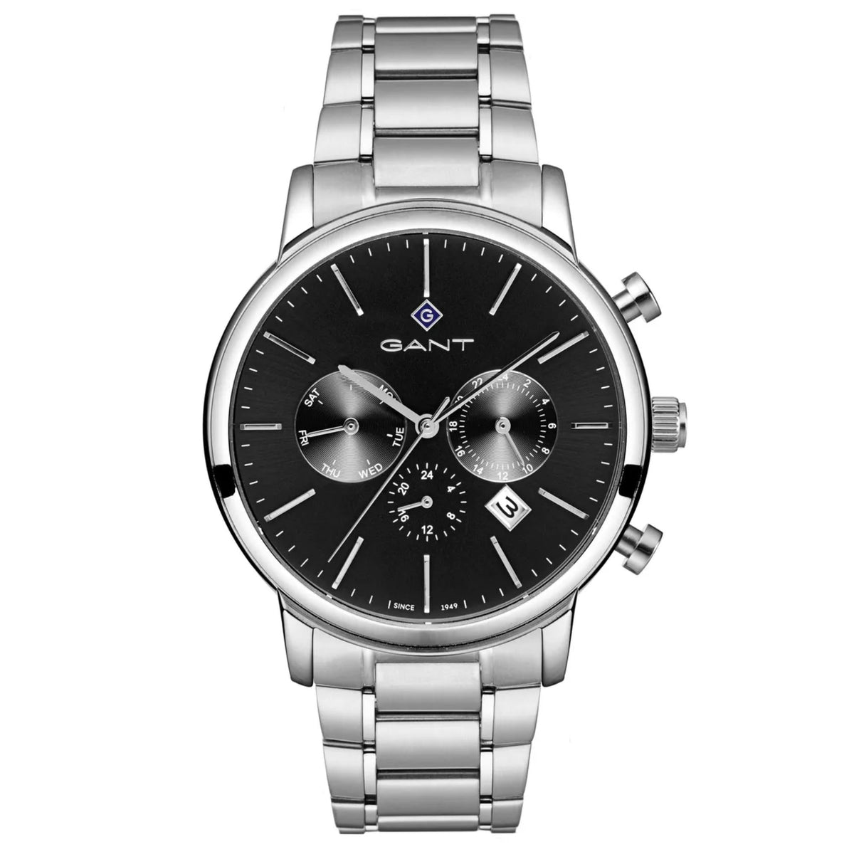 Men's stainless steel quartz watch with black dial and metal bracelet, round bezel view